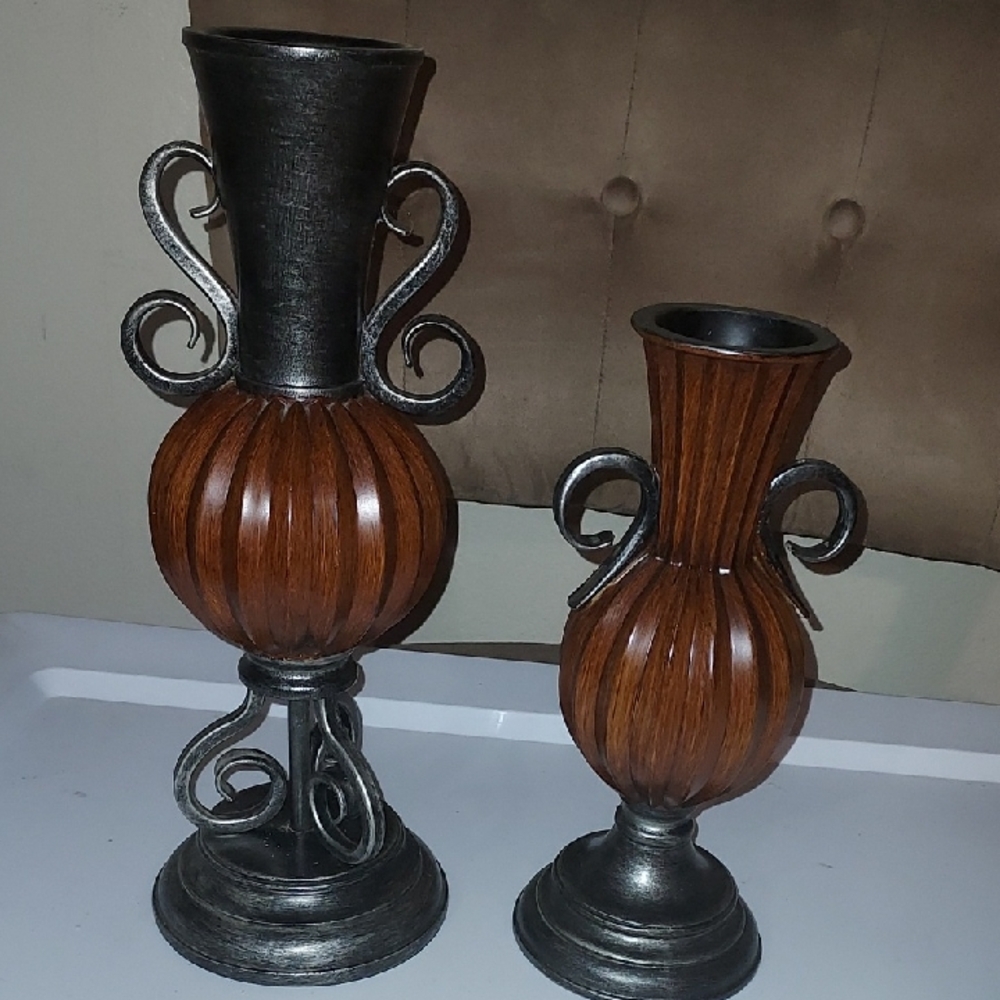 Elegant Brown and Black Vases  11" & 15 1/2" Resin And Metal